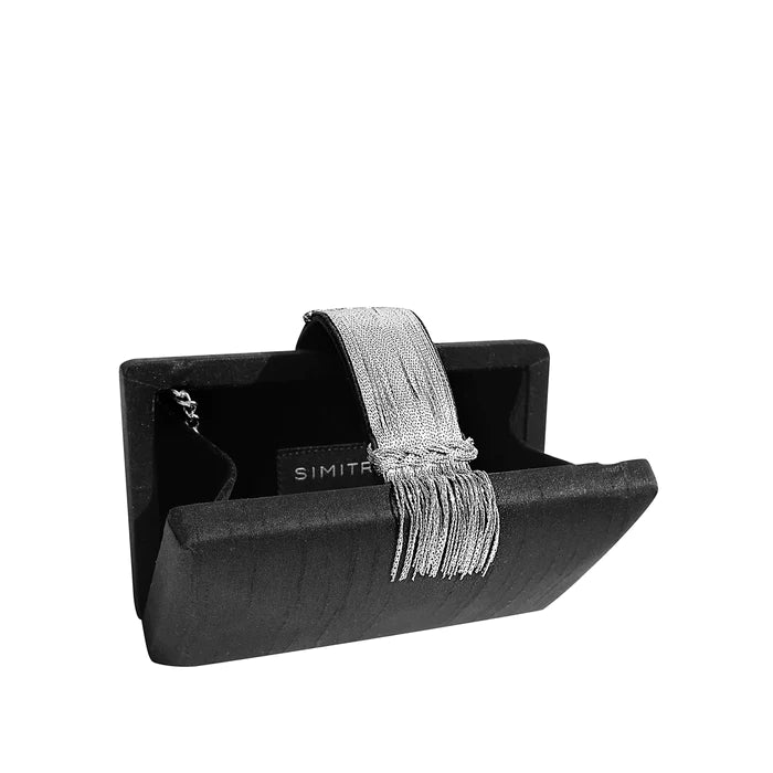 Sleek midnight black clutch with a luxurious silver fringe tassel accent, showcasing a modern yet timeless design, part of the Simitri collection-BTK COLLECTION