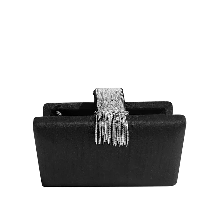 Sleek midnight black clutch with a luxurious silver fringe tassel accent, showcasing a modern yet timeless design, part of the Simitri collection-BTK COLLECTION