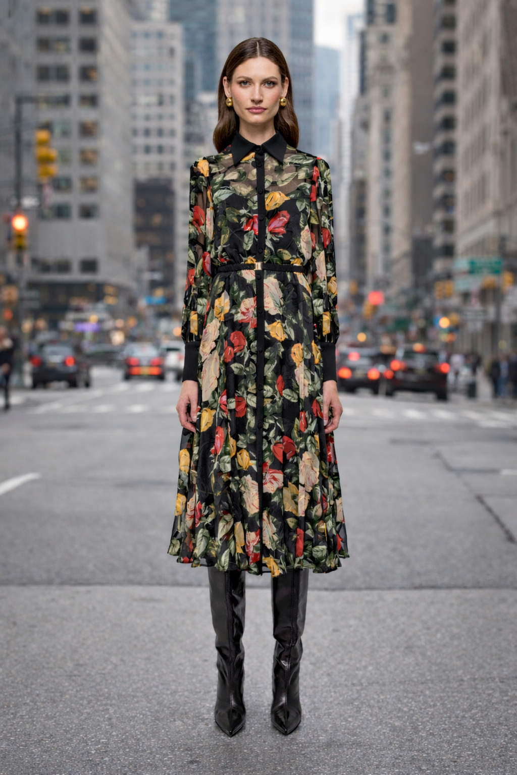 NISSA Belted Chiffon Midi Dress - Black Floral Bishop Sleeve