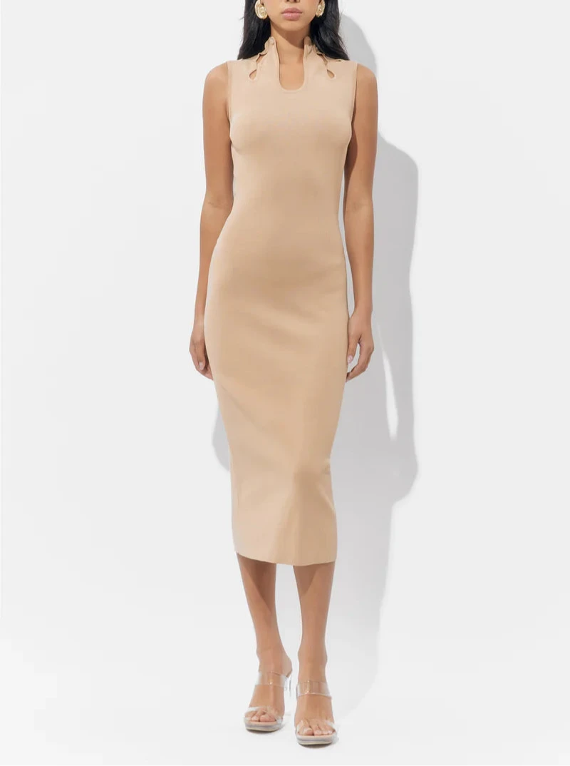 Model wearing Nude Trish Sculpted Cut-Out Knit Midi Dress by Adelyn Rae, featuring a sleeveless fitted silhouette, high neckline with cut-out detail, and soft nude beige color.