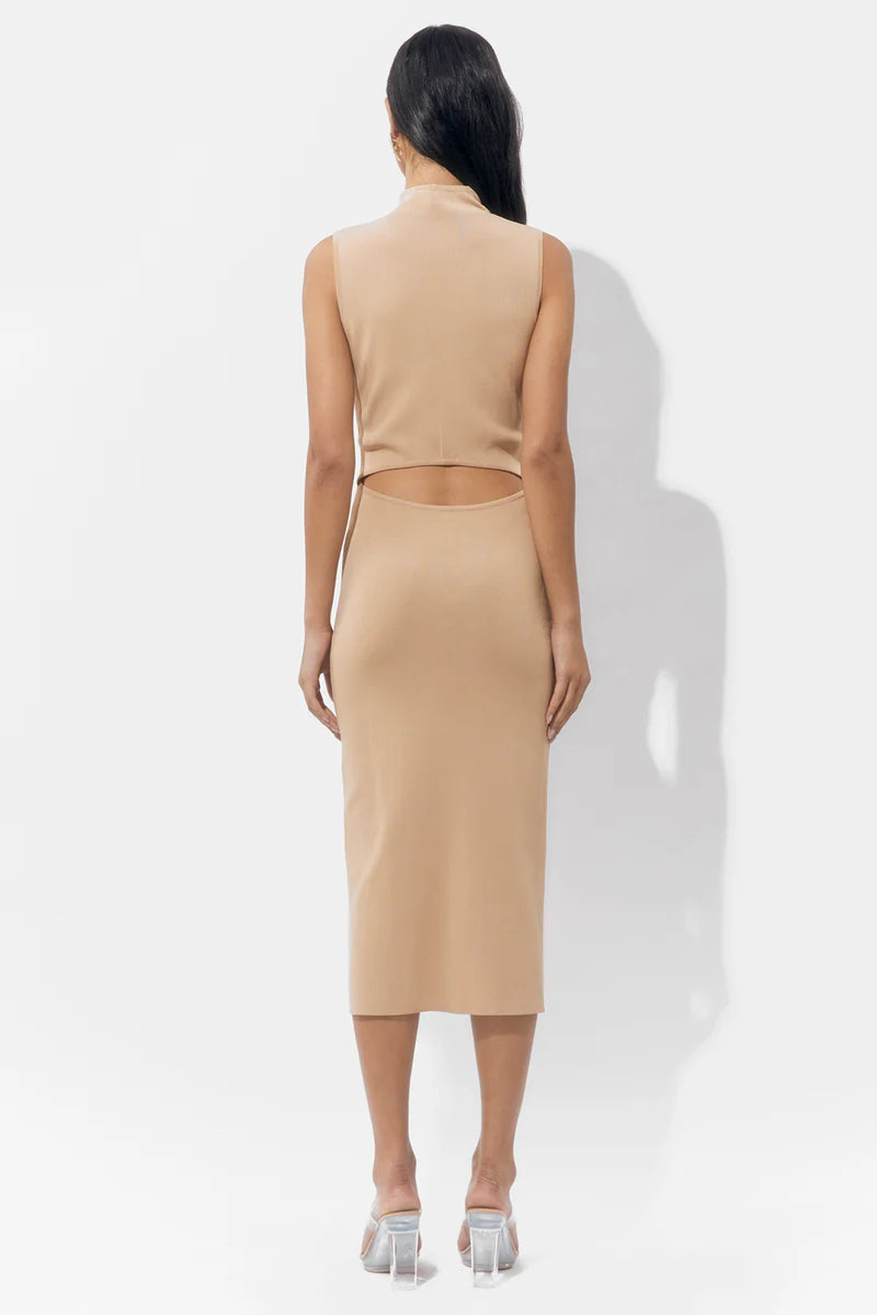 Nude knit midi dress with sculpted cut-out design by Adelyn Rae, available in sizes XS, S, and M