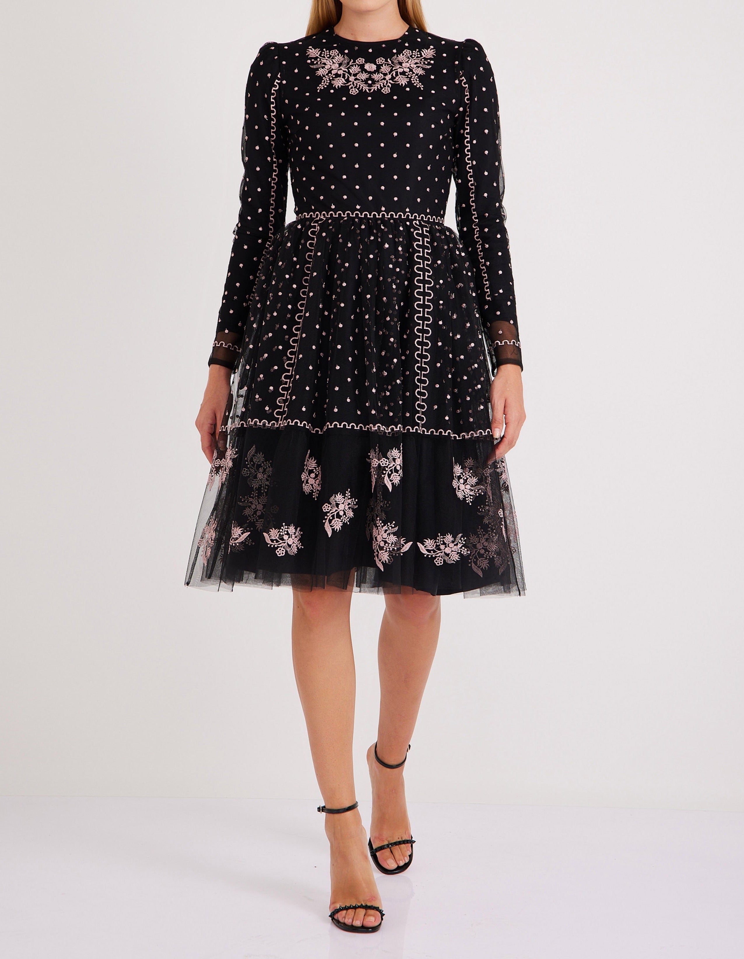 Black Embroidered Dress with Pink Flower Dots and Stripes