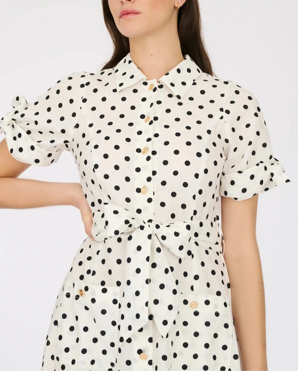 White Polka Dot Shirt Dress With Tie Sleeves