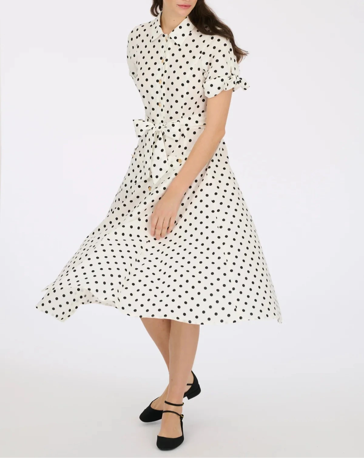White midi shirt dress with polka dots and tie sleeves by WEILL