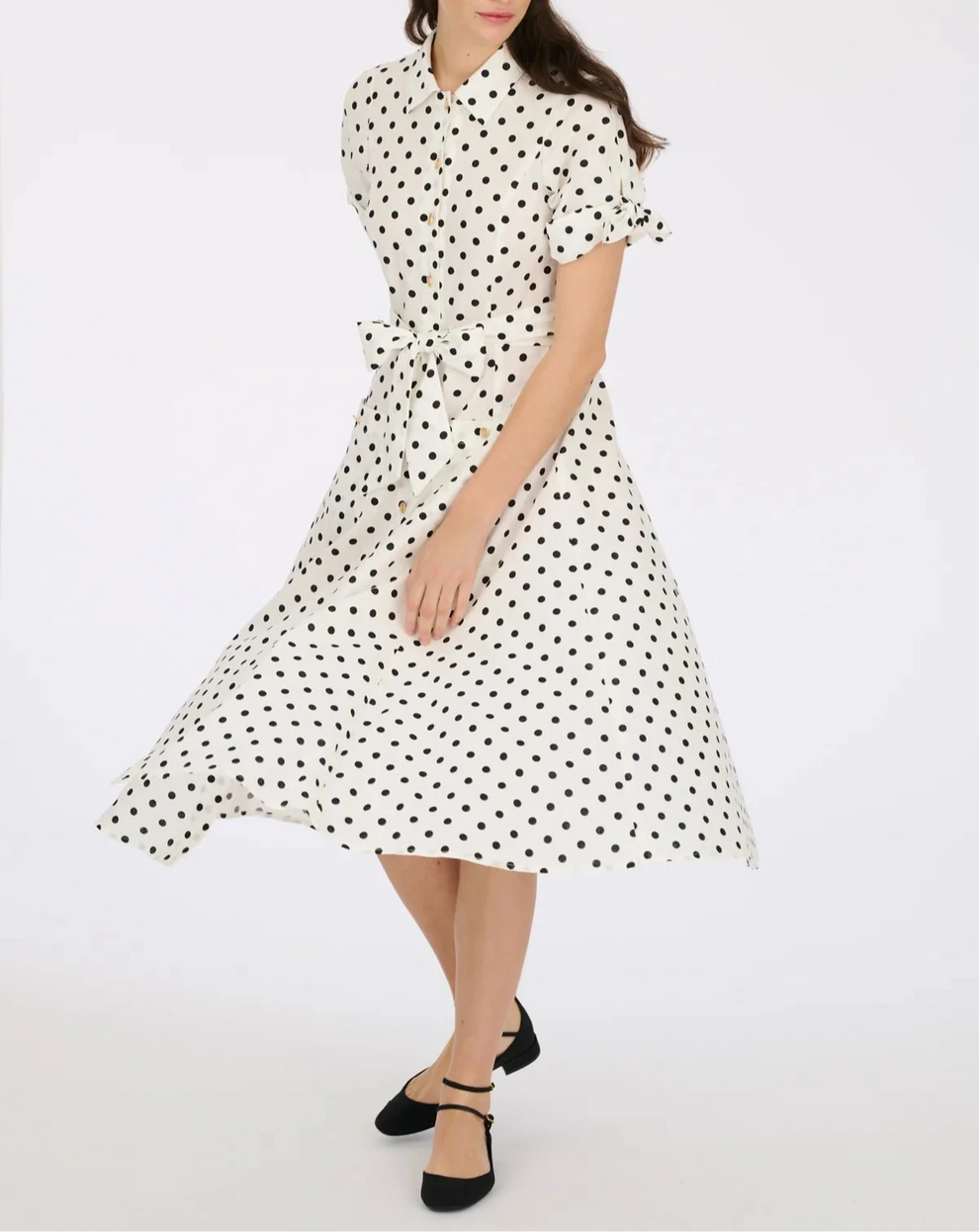 White Polka Dot Shirt Dress With Tie Sleeves