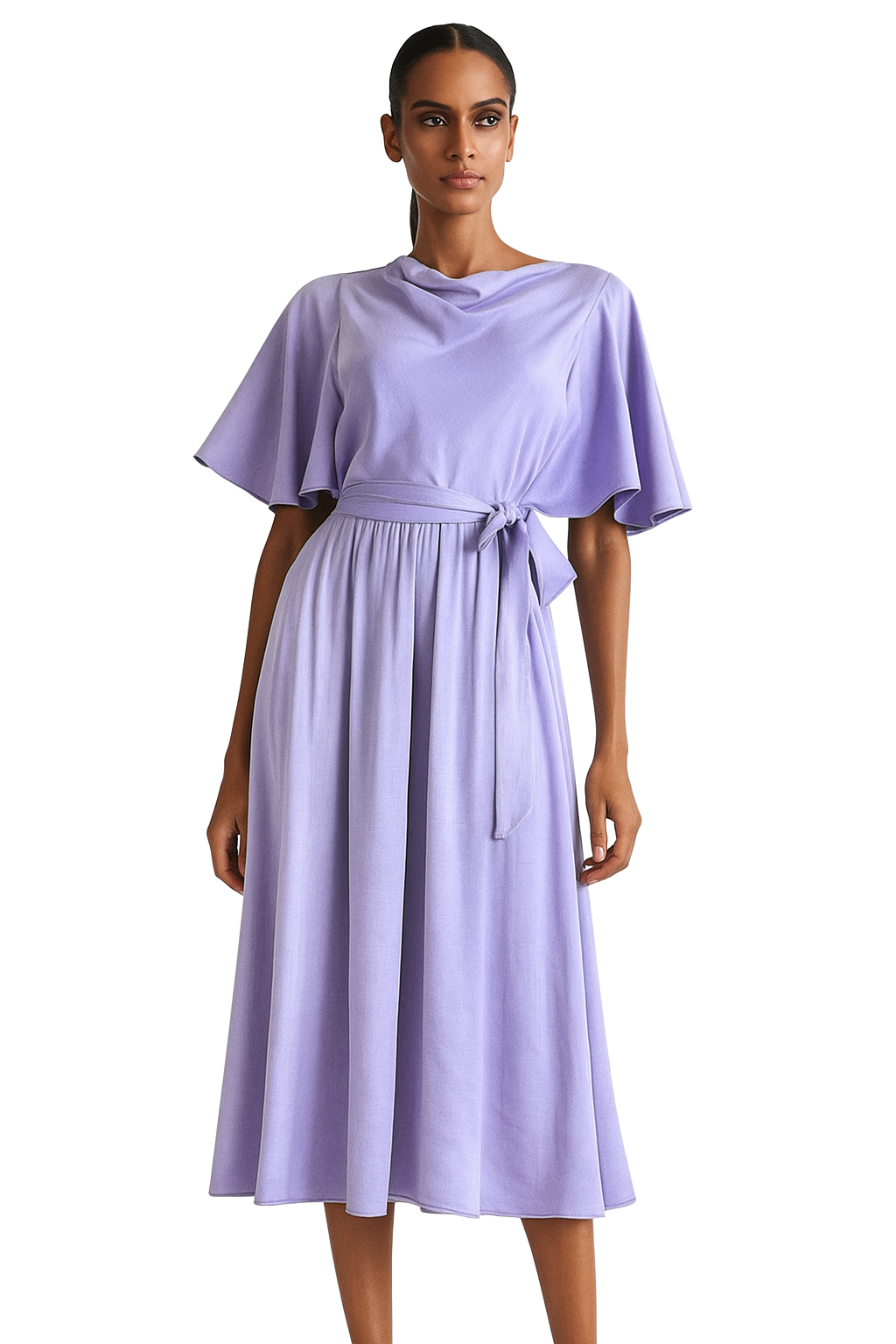 Woman wearing a purple belted short sleeved midi dress from Qui Prive at BTK COLLECTIONS