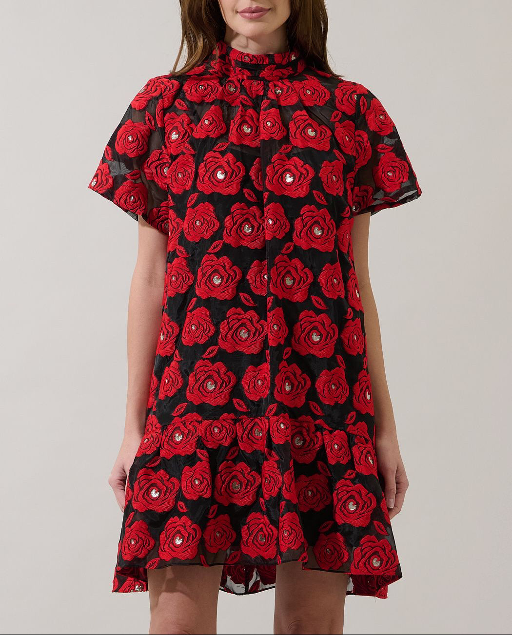 Sugarlips Berny red and black rose jacquard organza mini dress with mock neck, short sleeves and ruffled hem