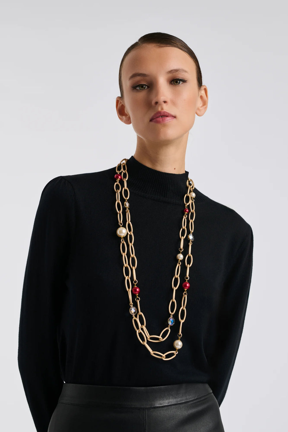 Long double chain necklace with pearls in red by WEILL