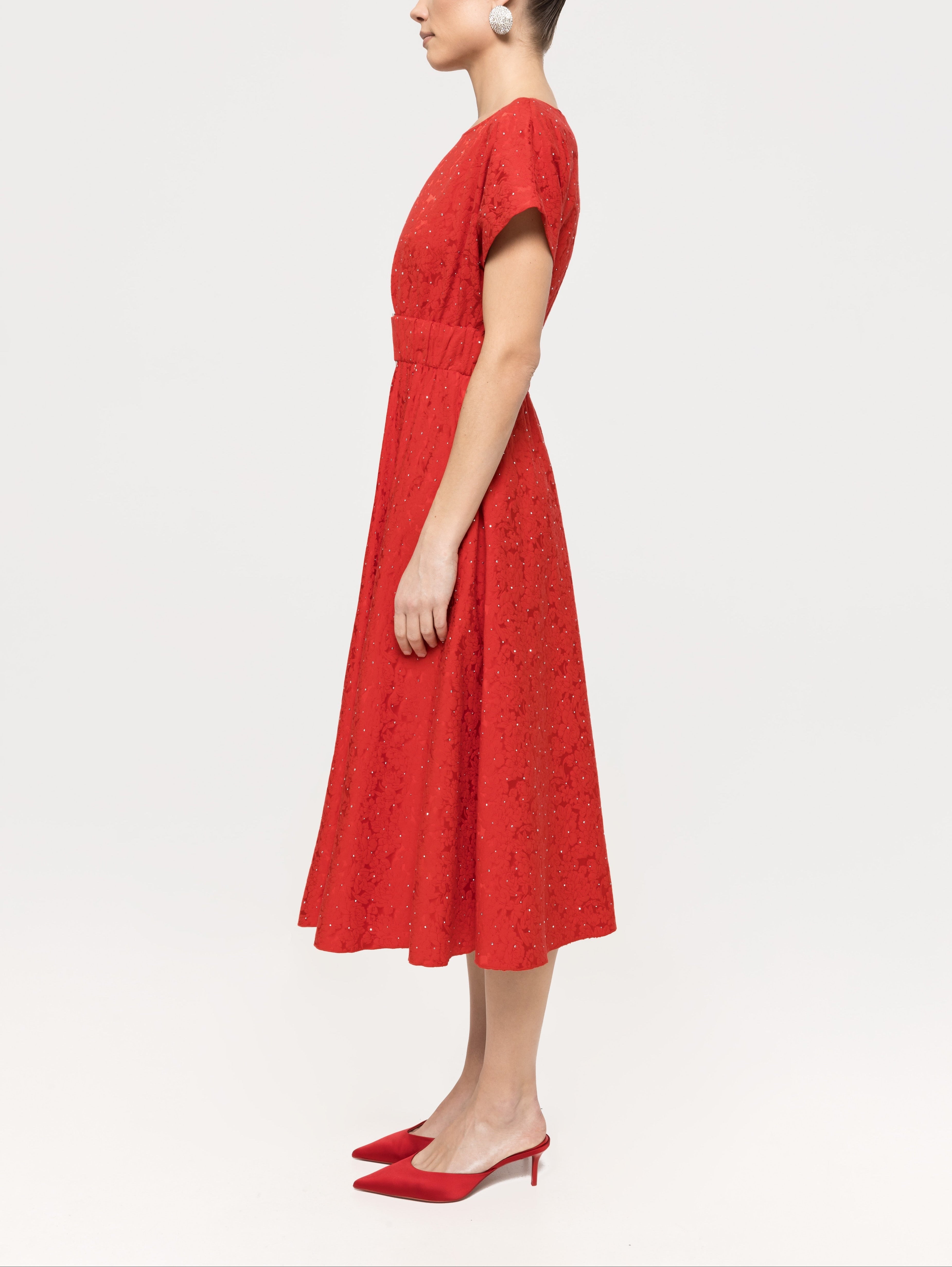 Red cotton brocade midi dress with strass rhinestones, boat neck, short sleeves, belted waist and flared mid‑calf skirt