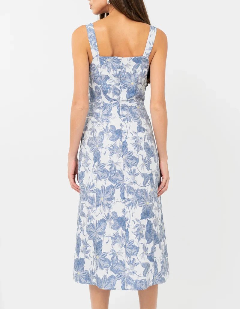 Light blue sleeveless A-line jacquard midi dress by Adelyn Rae with floral pattern