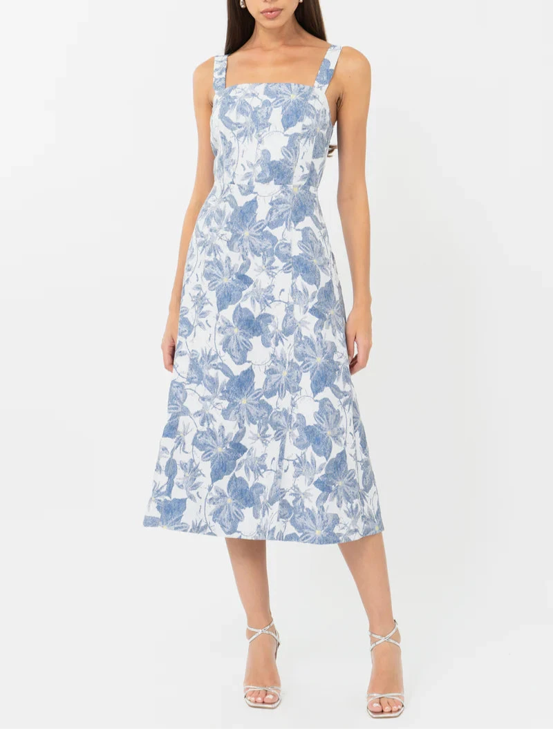 Light blue floral jacquard midi dress with A-line silhouette by Adelyn Rae, sleeveless design.