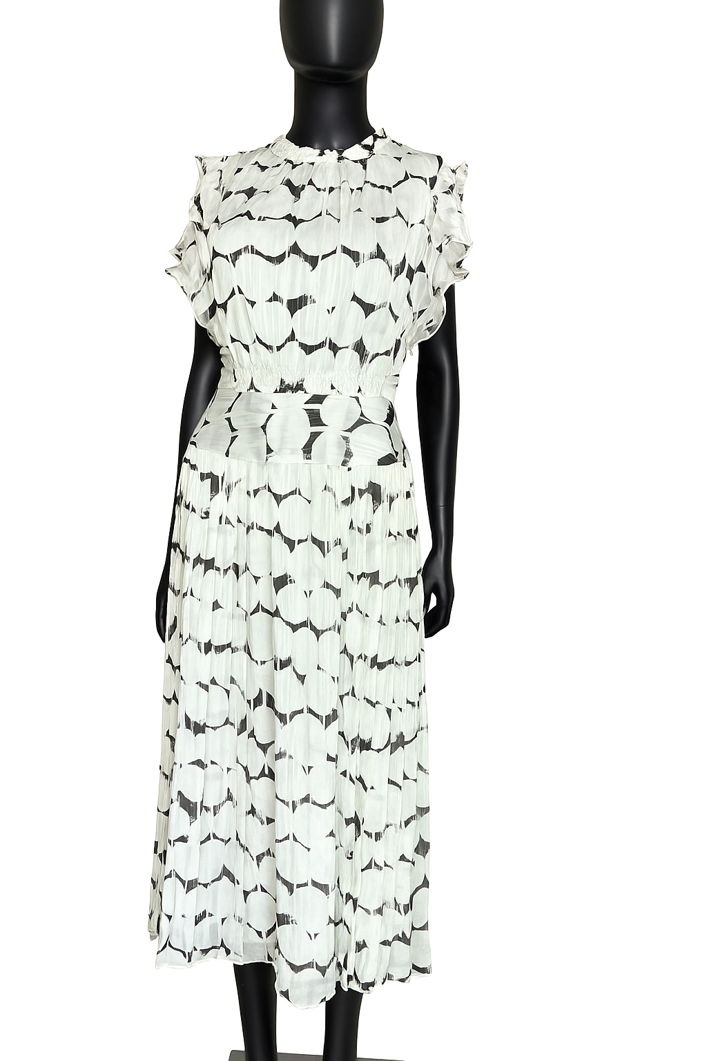 Nora Noh pleated chiffon midi dress with black and white abstract circle pattern, elegant flutter sleeves, gathered waist, and round neckline.
