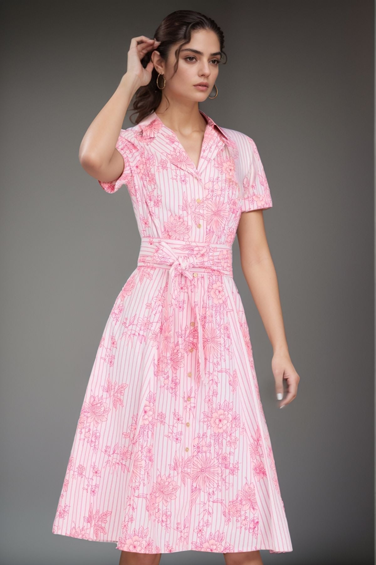 Pink Embroidered Shirt Midi Dress
