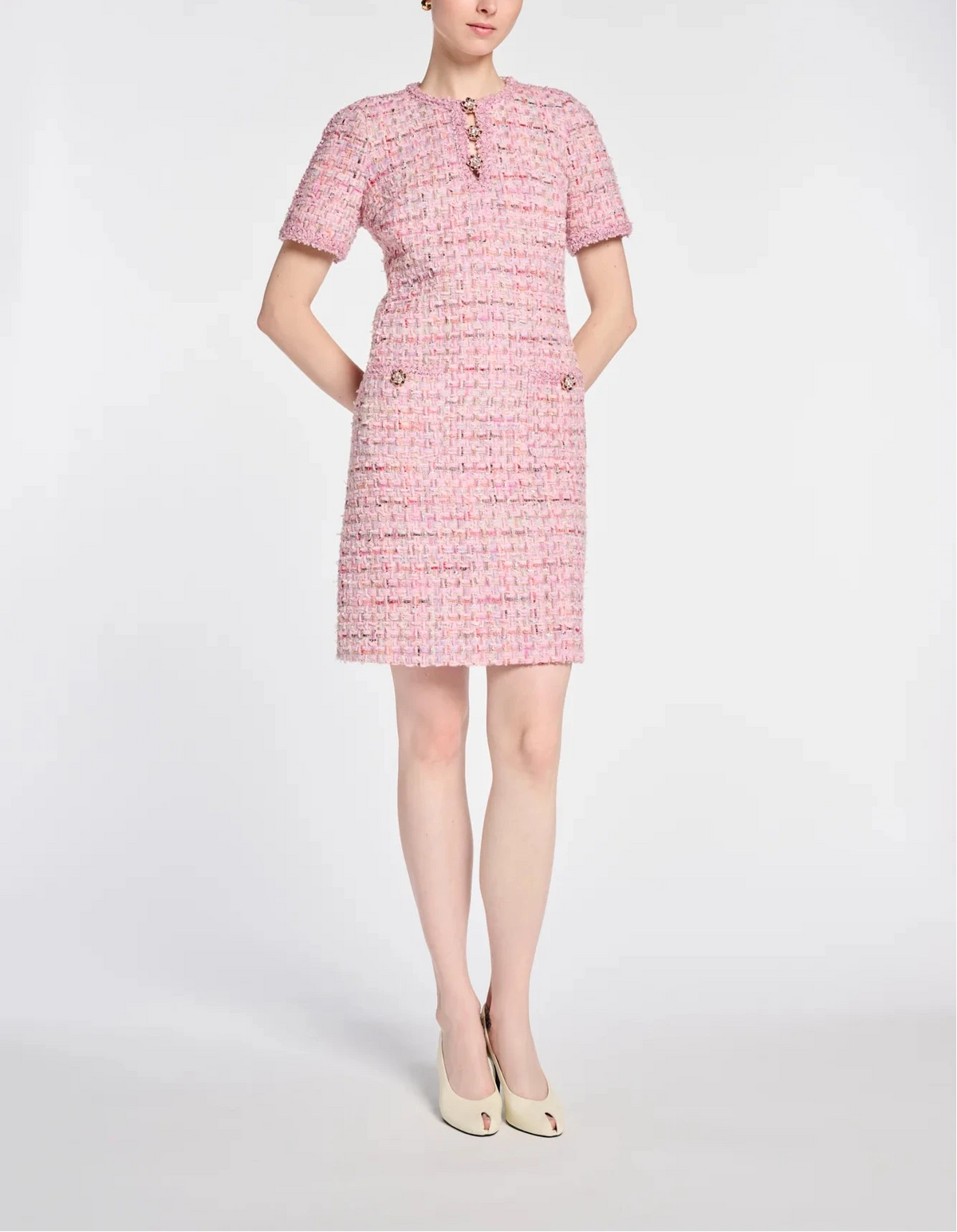 Weill Paris pink tweed dress with short sleeves, jeweled buttons and an above-knee hem, front view.