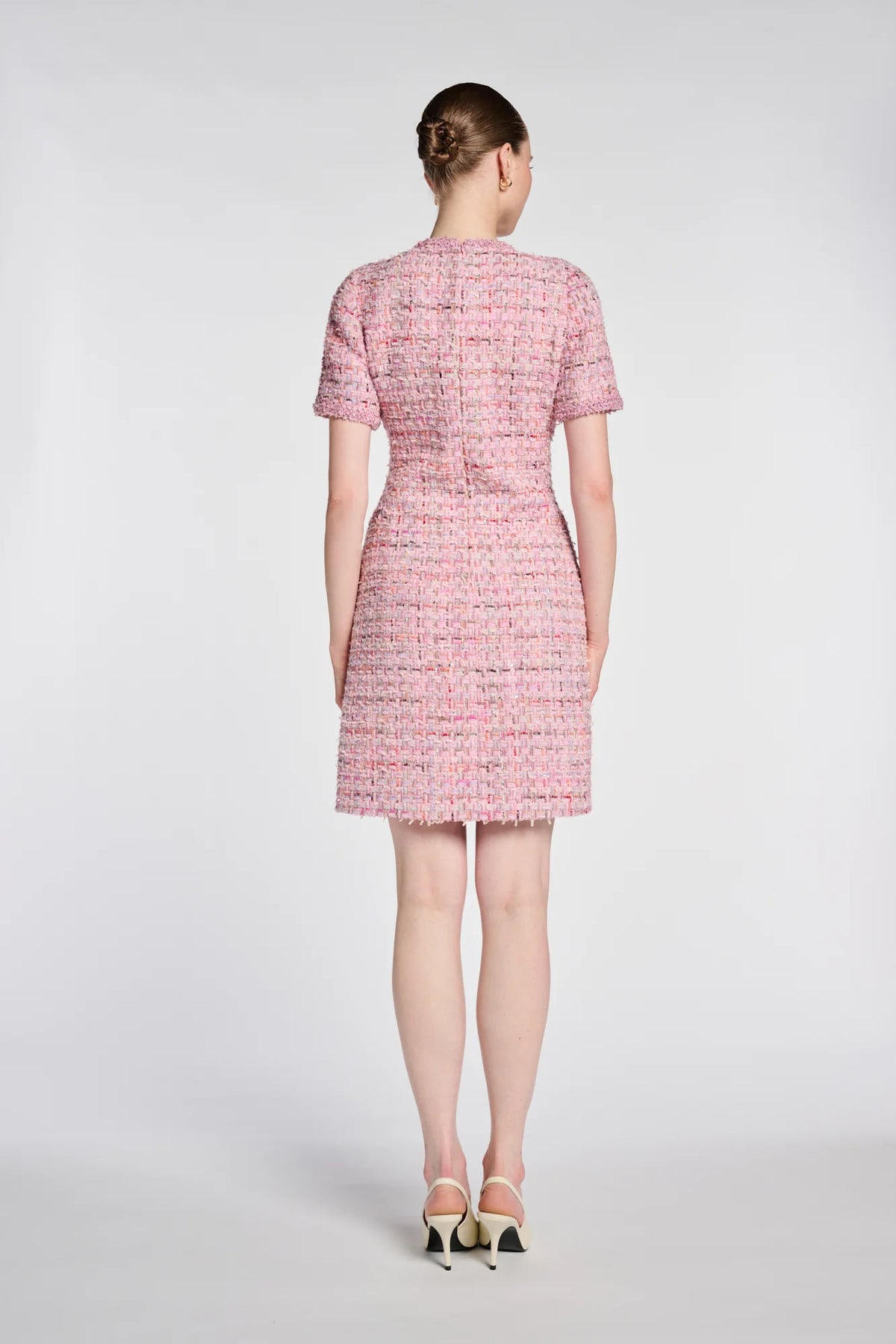 Weill Paris Pink Tweed Dress with Jeweled Buttons