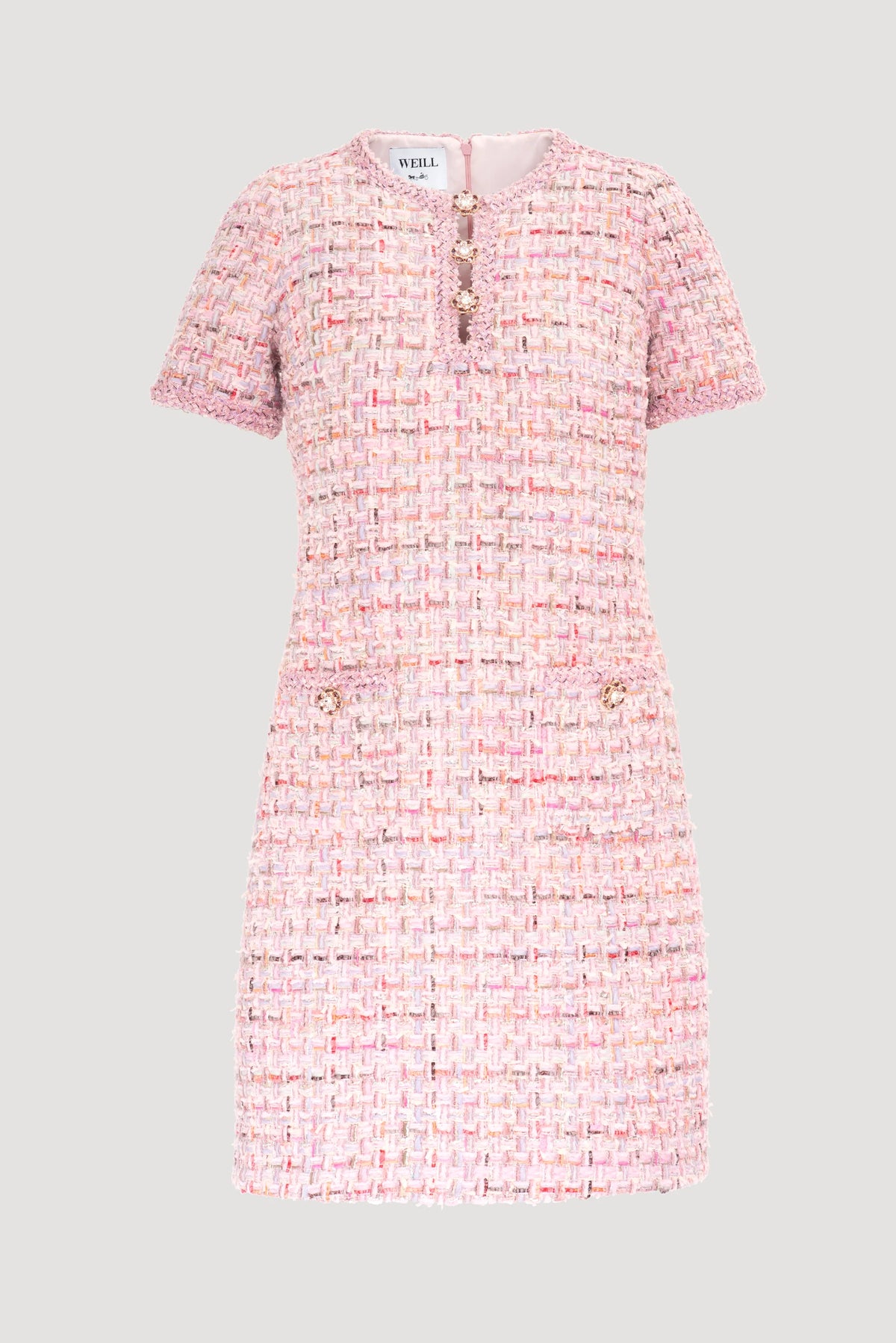 Weill Paris pink tweed dress displayed without a model, with floral jeweled buttons, braided trim and patch pockets.
