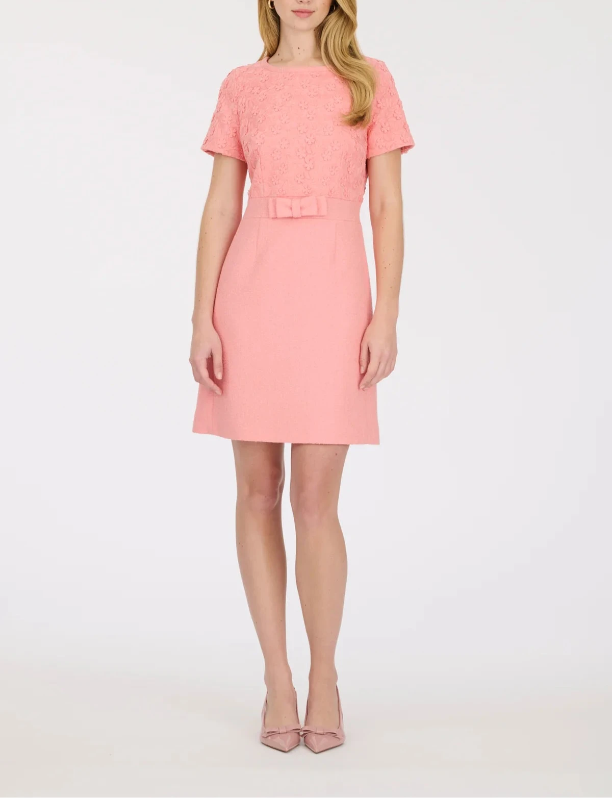 Weill Paris blush pink dress with embroidered floral tulle, short sleeves, and fitted waist.