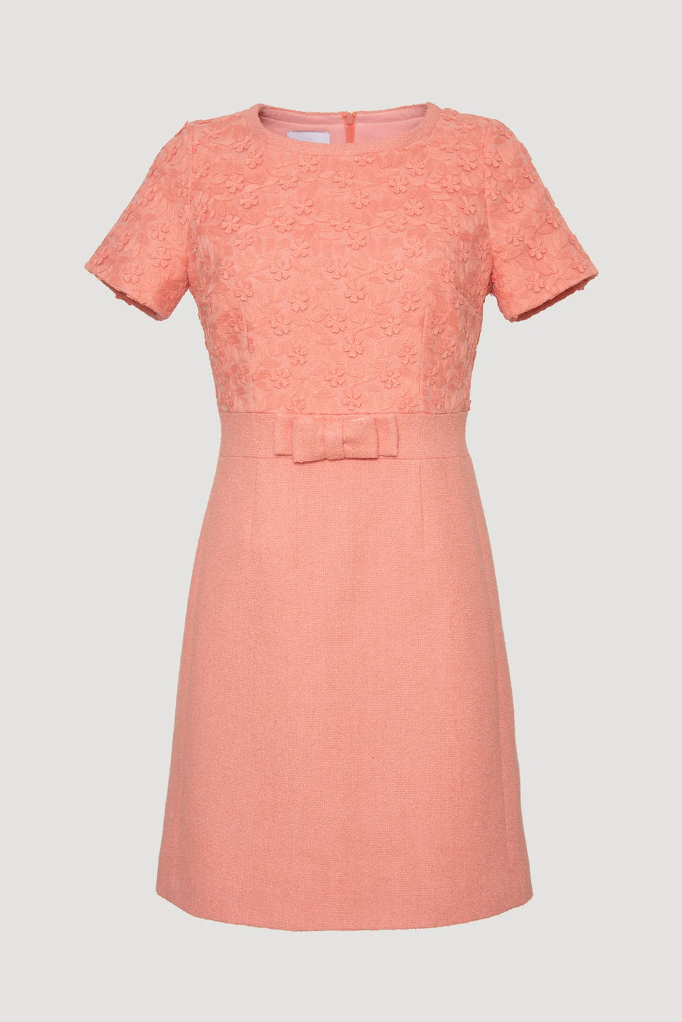 Front view of pink two-material Weill Paris dress with embroidered lace top and bow
