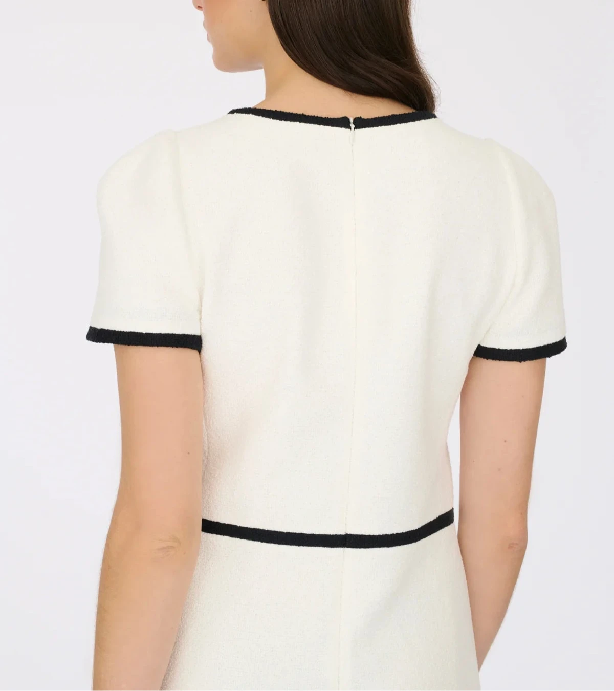 Weill Paris white short-sleeved bouclé dress with gold buttons, knee-length style.