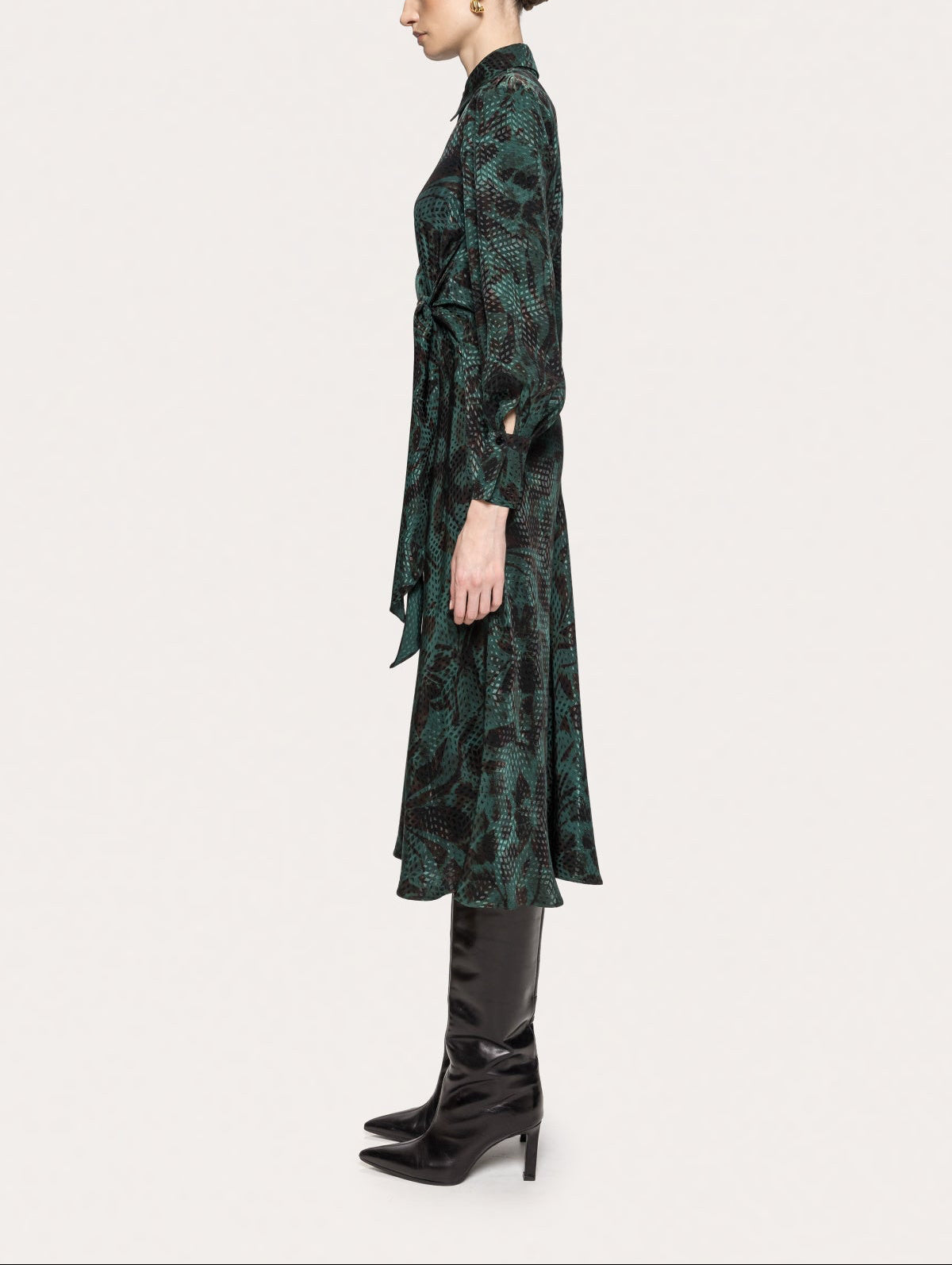 NISSA dark green floral midi shirt dress shown from the side with long sleeves and a tie waist.
