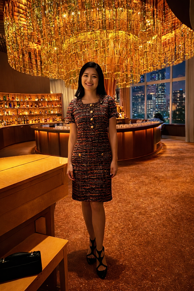 Multicolored Tweed Dress with Gold Button Accents