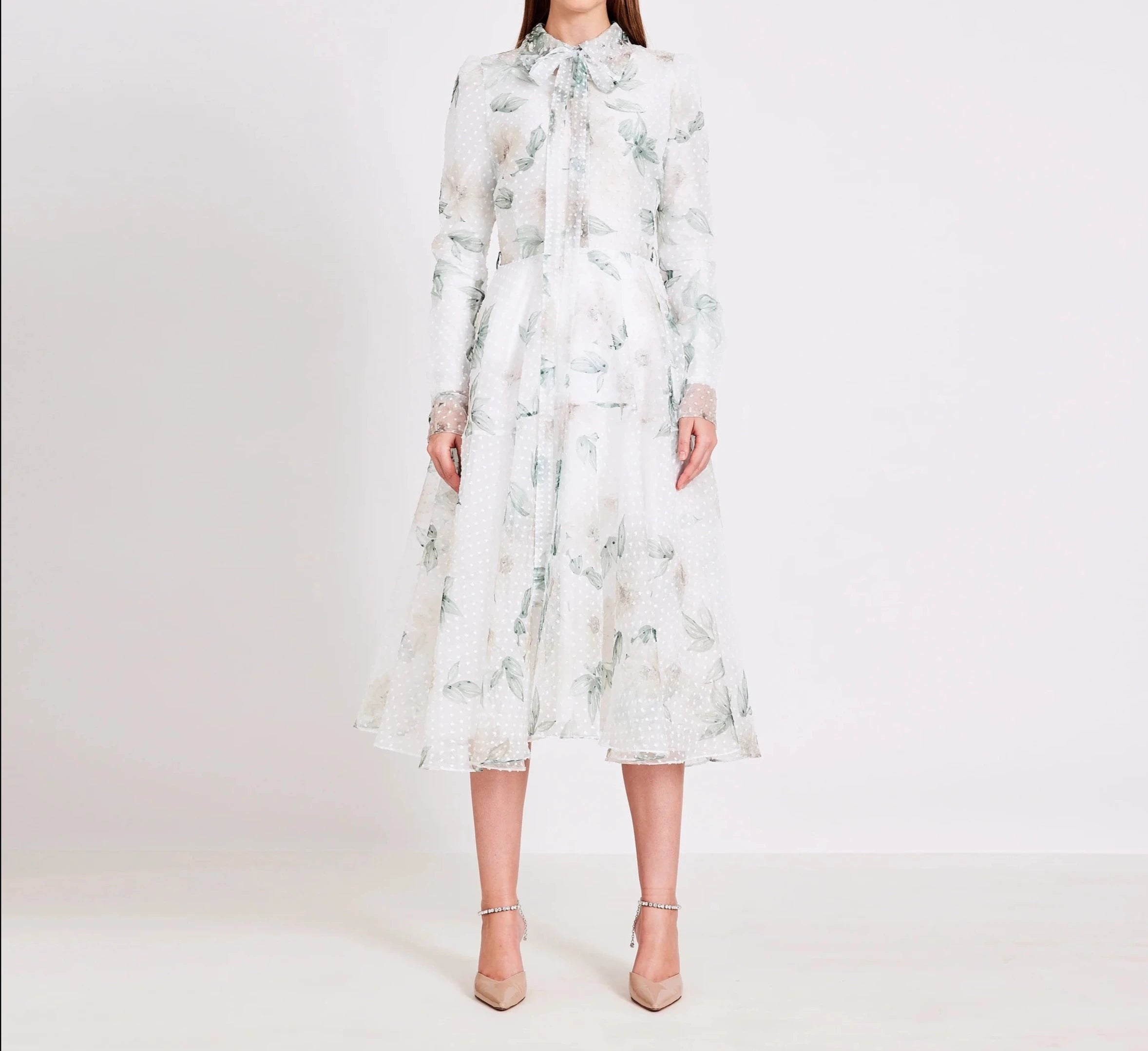 White Printed Organza With Bold Dots Collared Midi Dress