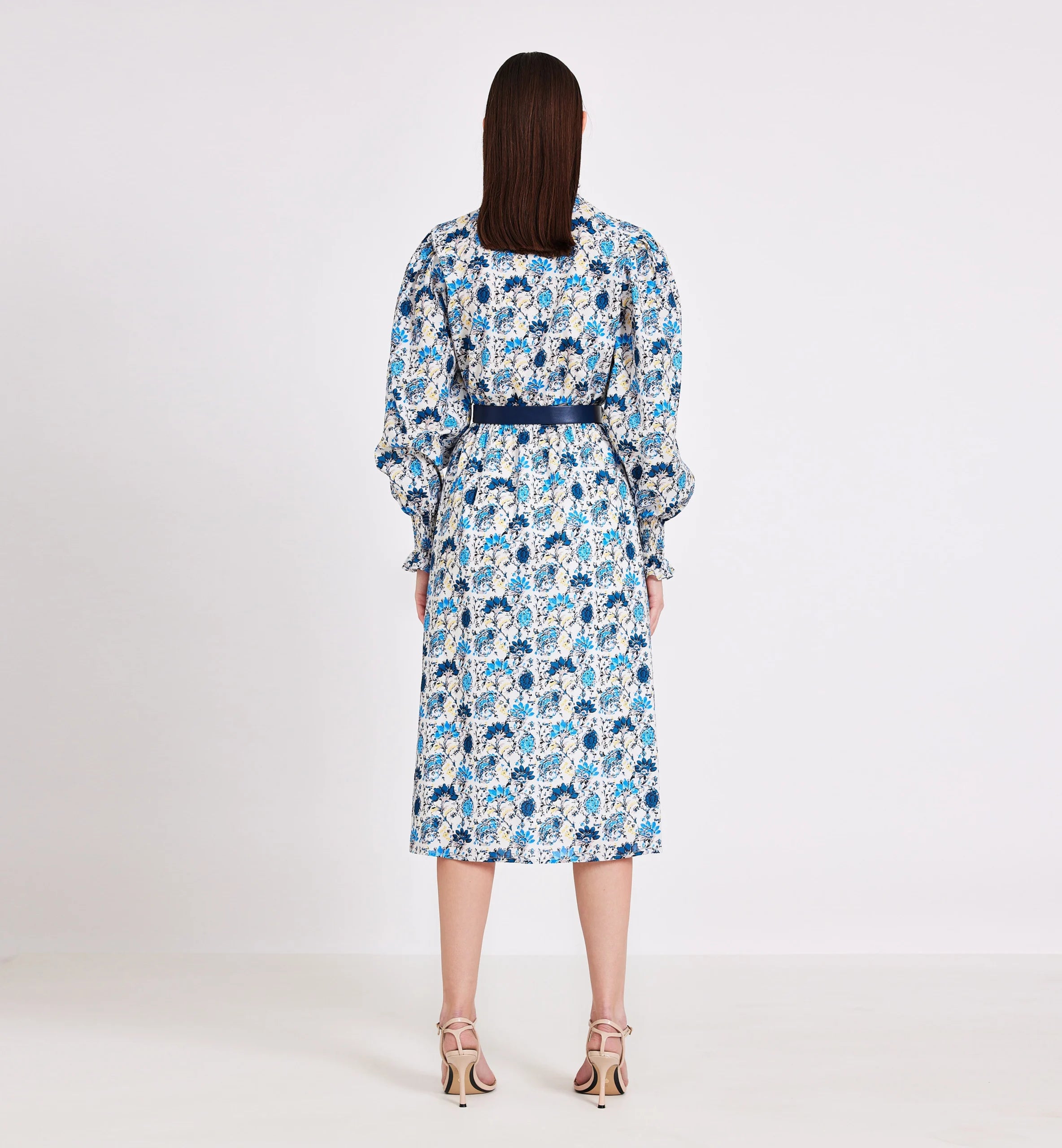 White & Blue Floral Print Cotton Midi Dress