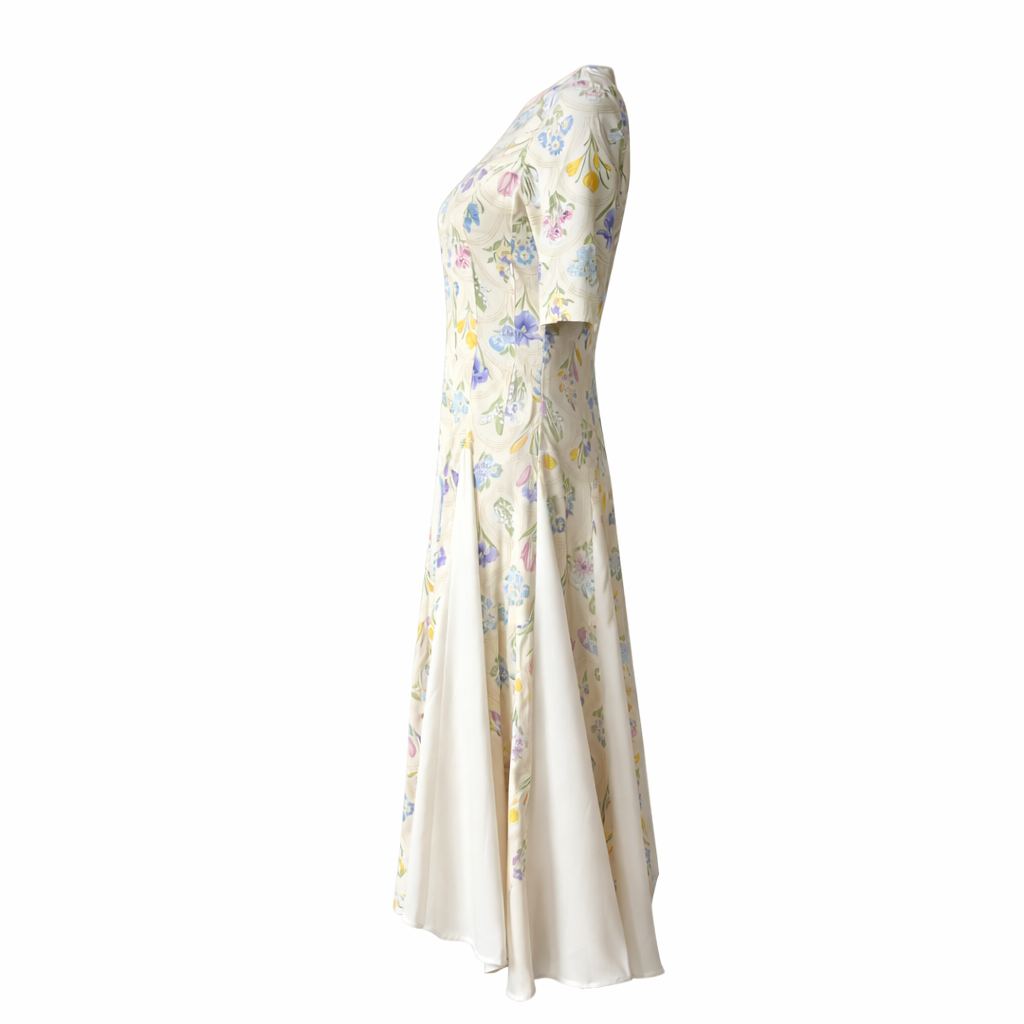 Elbow sleeve detail on yellow floral wedding guest midi dress