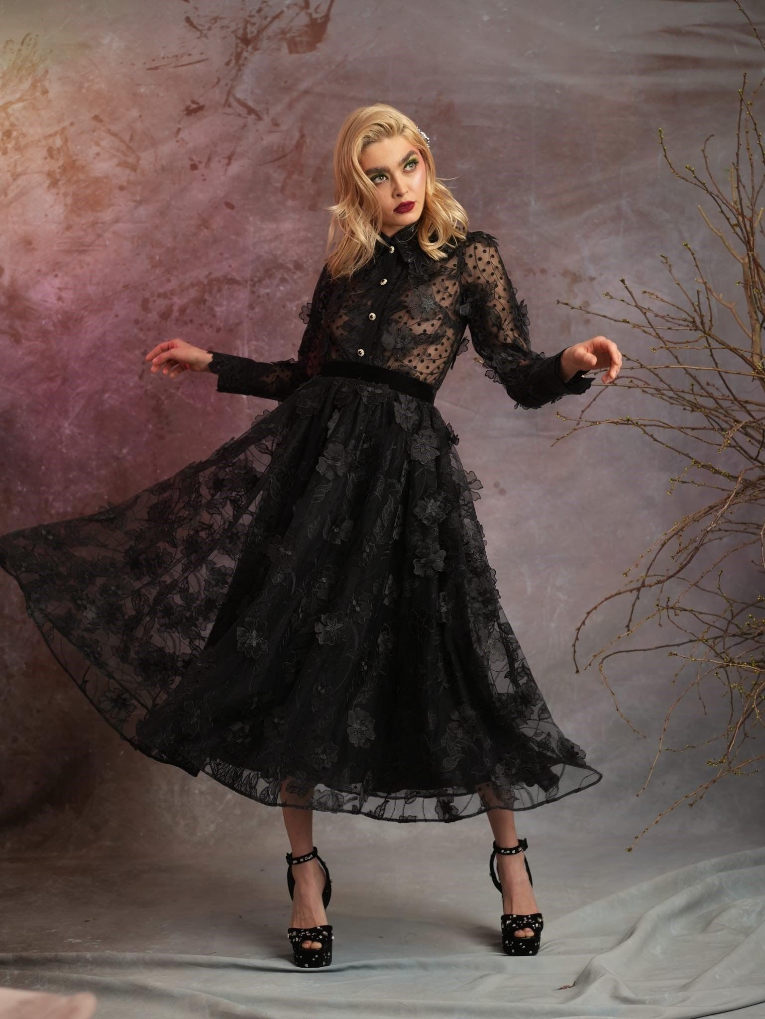 Black collared tulle midi dress with sheer sleeves and 3D floral appliqué, fit-and-flare silhouette