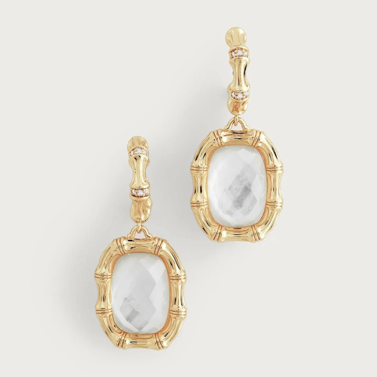 Bamboo with Stone Drop Earrings by Anabel Aram featuring gold‑dipped bamboo frames with mother‑of‑pearl stones and pavé crystal accents.