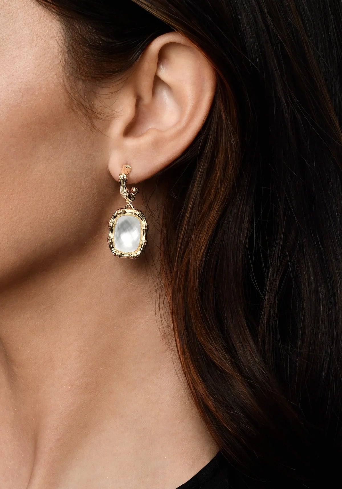 Bamboo With Stone Drop Earrings - Mother Of Pearl - BTK COLLECTIONS