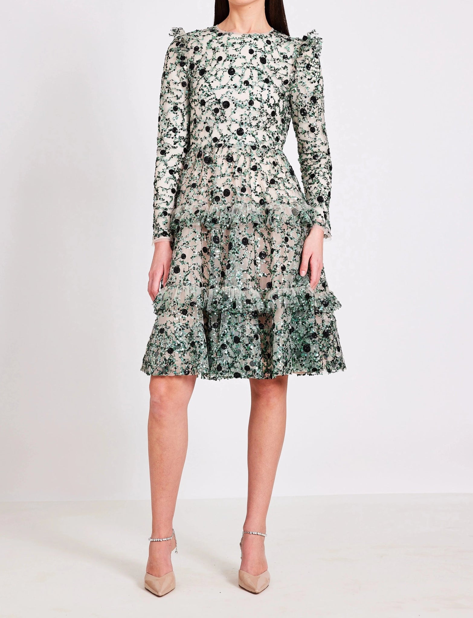 Beige Mesh Dress With Green Sequins And Black Circles - BTK COLLECTIONS