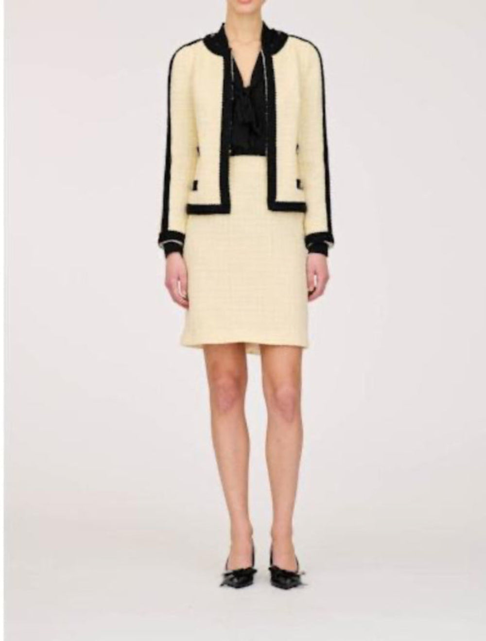 WEILL Paris ecru tweed jacket styled with the matching straight skirt and black pumps.