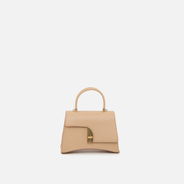 Beige pebbled calf leather small satchel bag with top handle and gold turn-lock closure