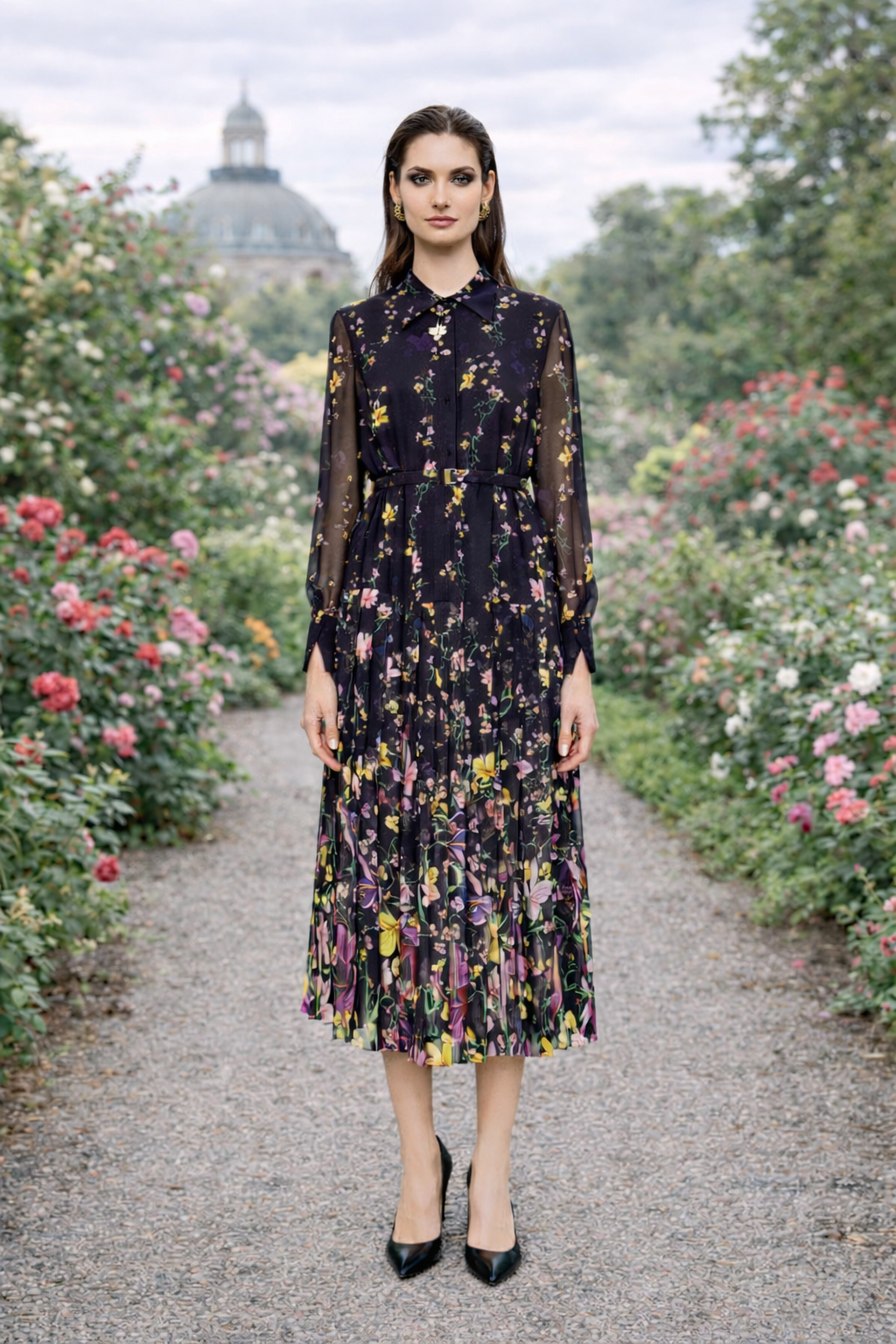 Belted pleated midi dress