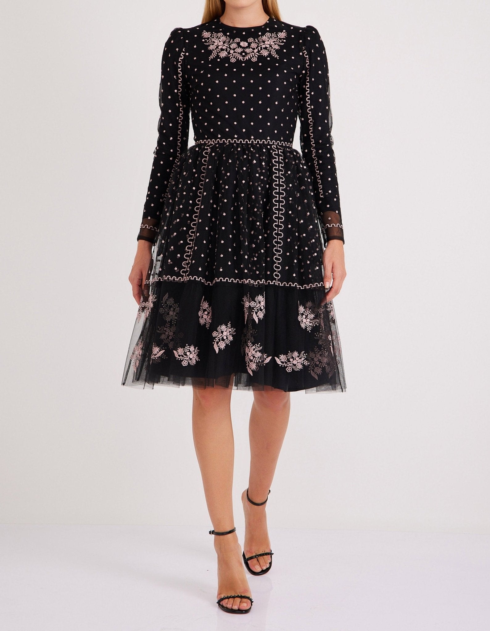 Black Embroidered Dress with Pink Flower Dots and Stripes - BTK COLLECTIONS