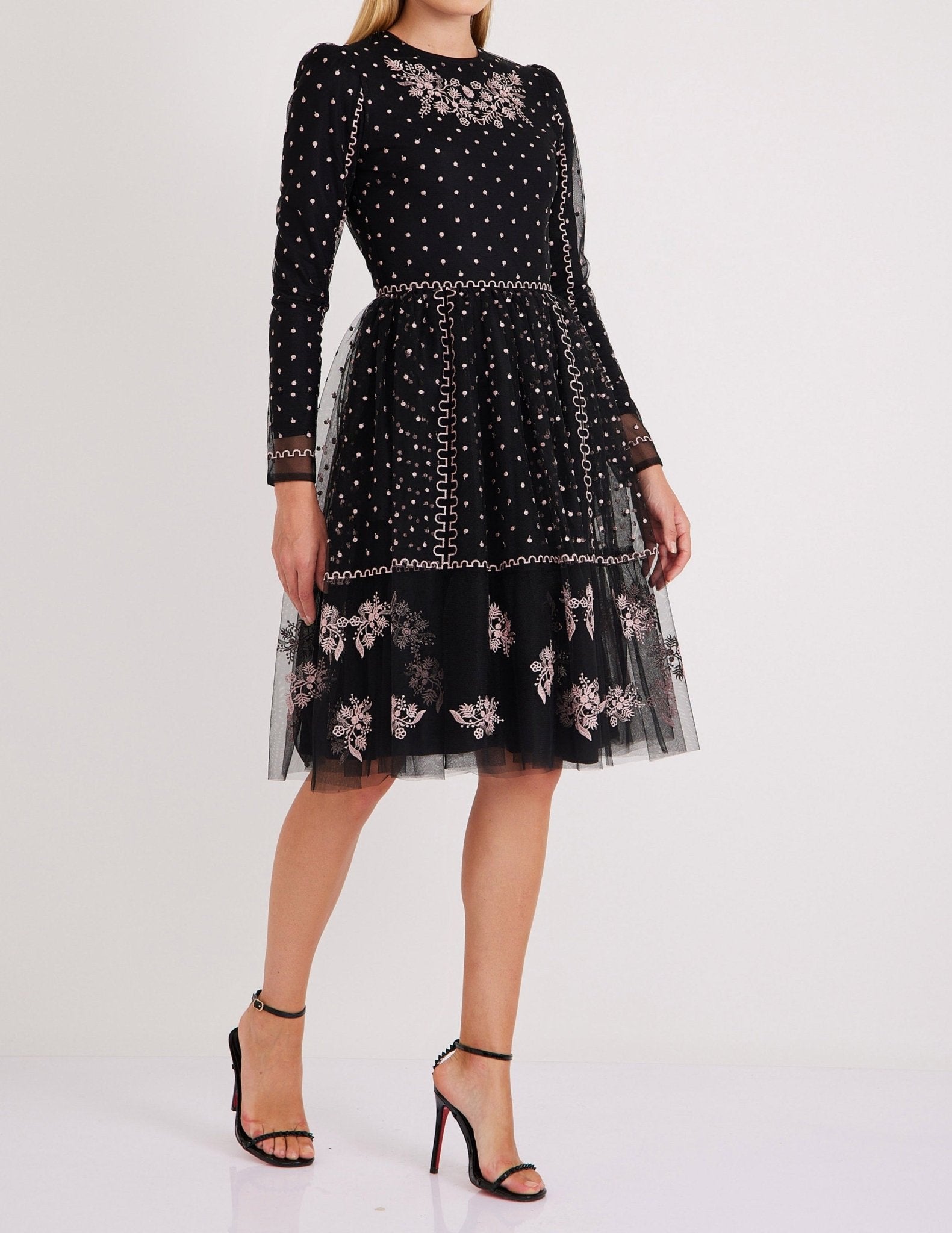 Black Embroidered Dress with Pink Flower Dots and Stripes - BTK COLLECTIONS