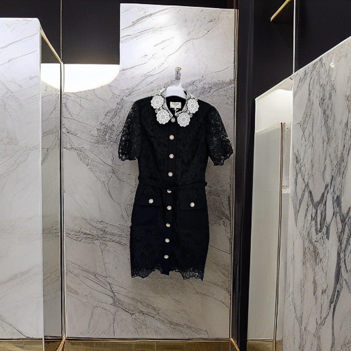 Black Lace Dress With White Lace Collar - BTK COLLECTIONS