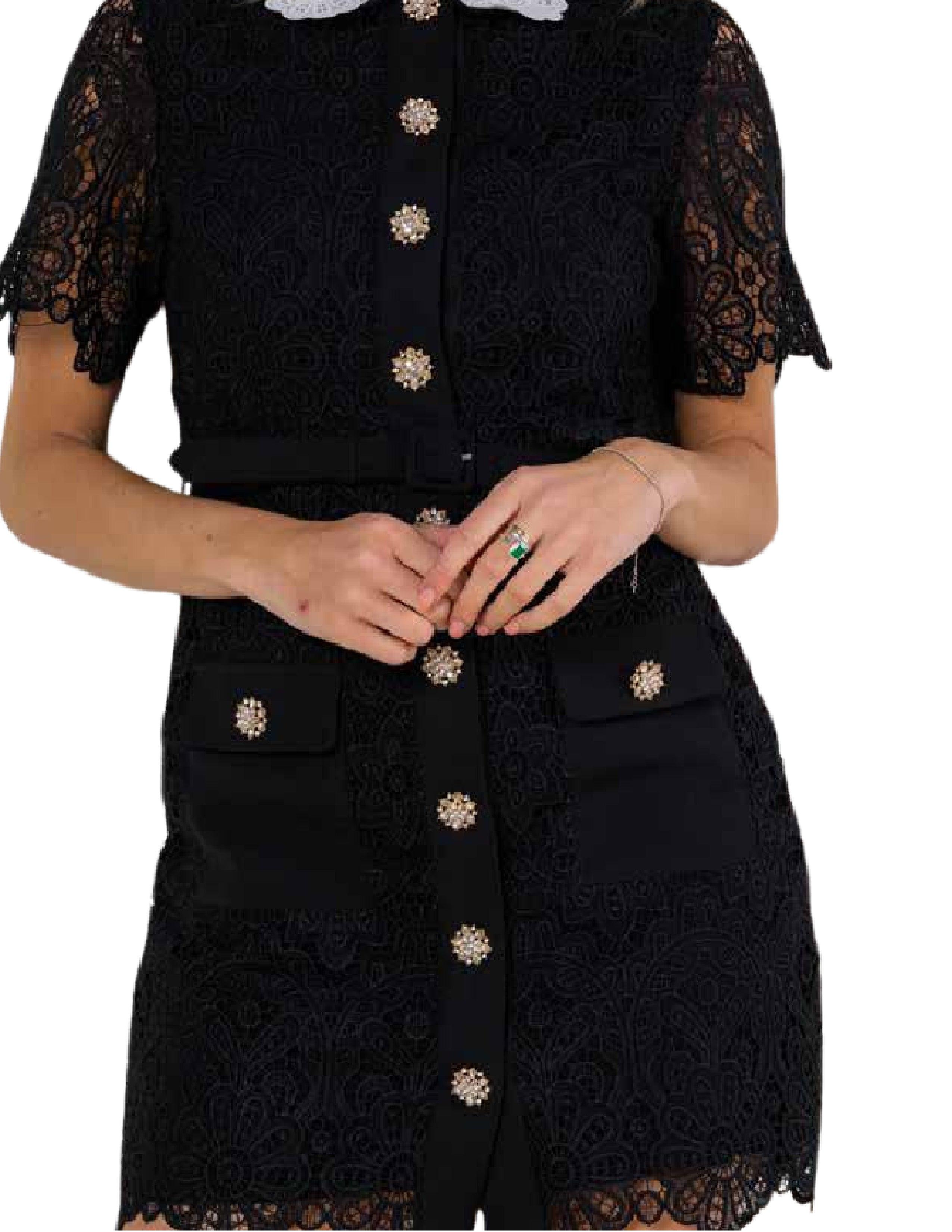 Elegant black lace dress with a distinctive white lace collar, short lace sleeves, and a row of decorative buttons down the front, displayed on a hanger  - BTK COLLECTION