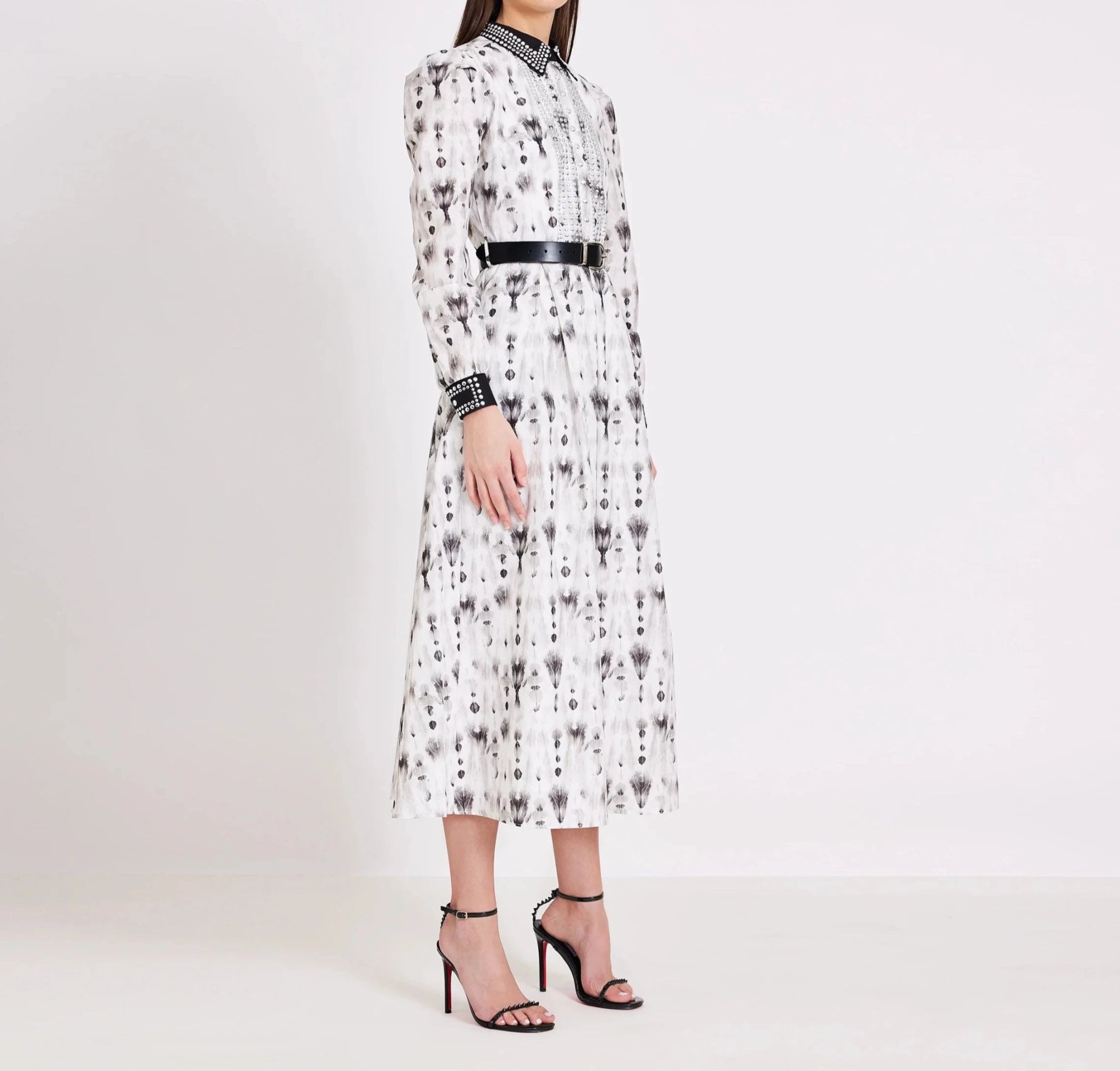 Black Printed Cotton With Metal Studs Midi Dress - BTK COLLECTIONS