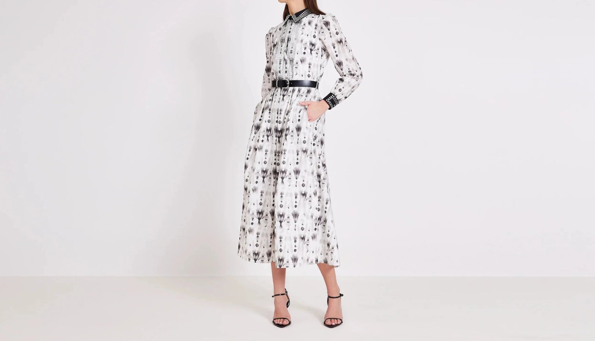 Black Printed Cotton With Metal Studs Midi Dress - BTK COLLECTIONS