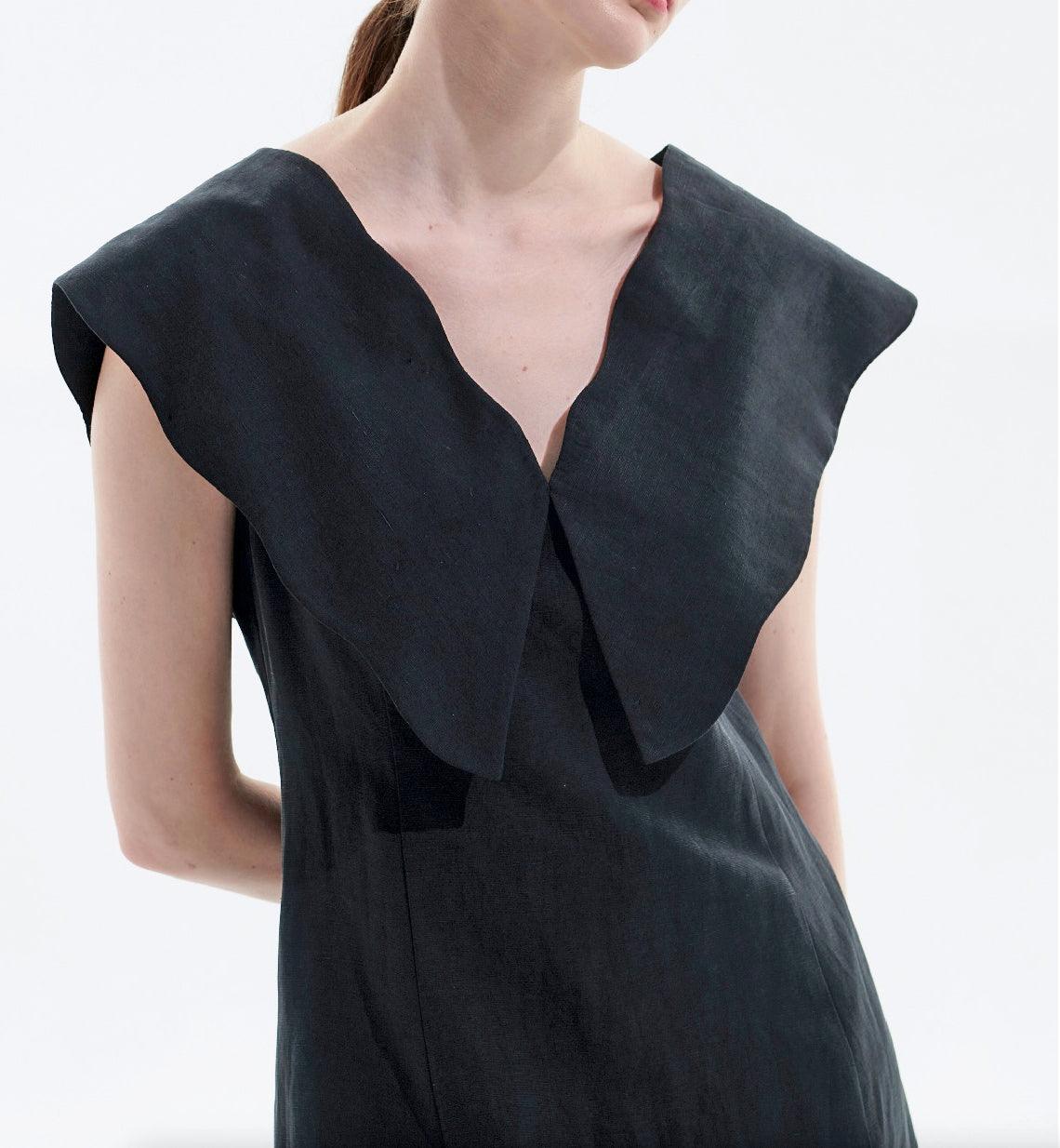 Black Tencel Linen Big Collar Dress - BTK COLLECTIONS