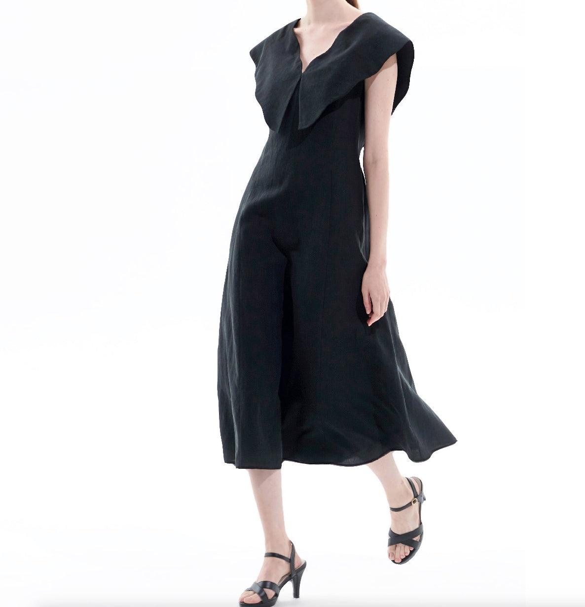 Black Tencel Linen Big Collar Dress - BTK COLLECTIONS