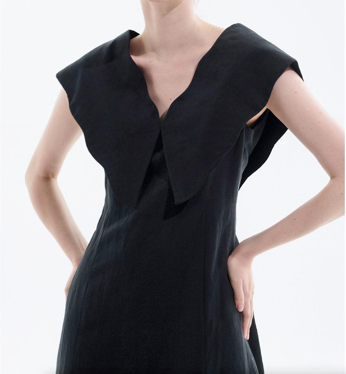 Black Tencel Linen Big Collar Dress - BTK COLLECTIONS