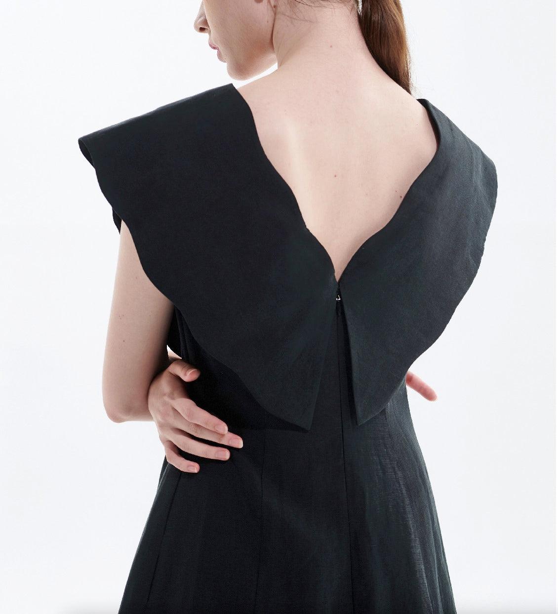Black Tencel Linen Big Collar Dress - BTK COLLECTIONS