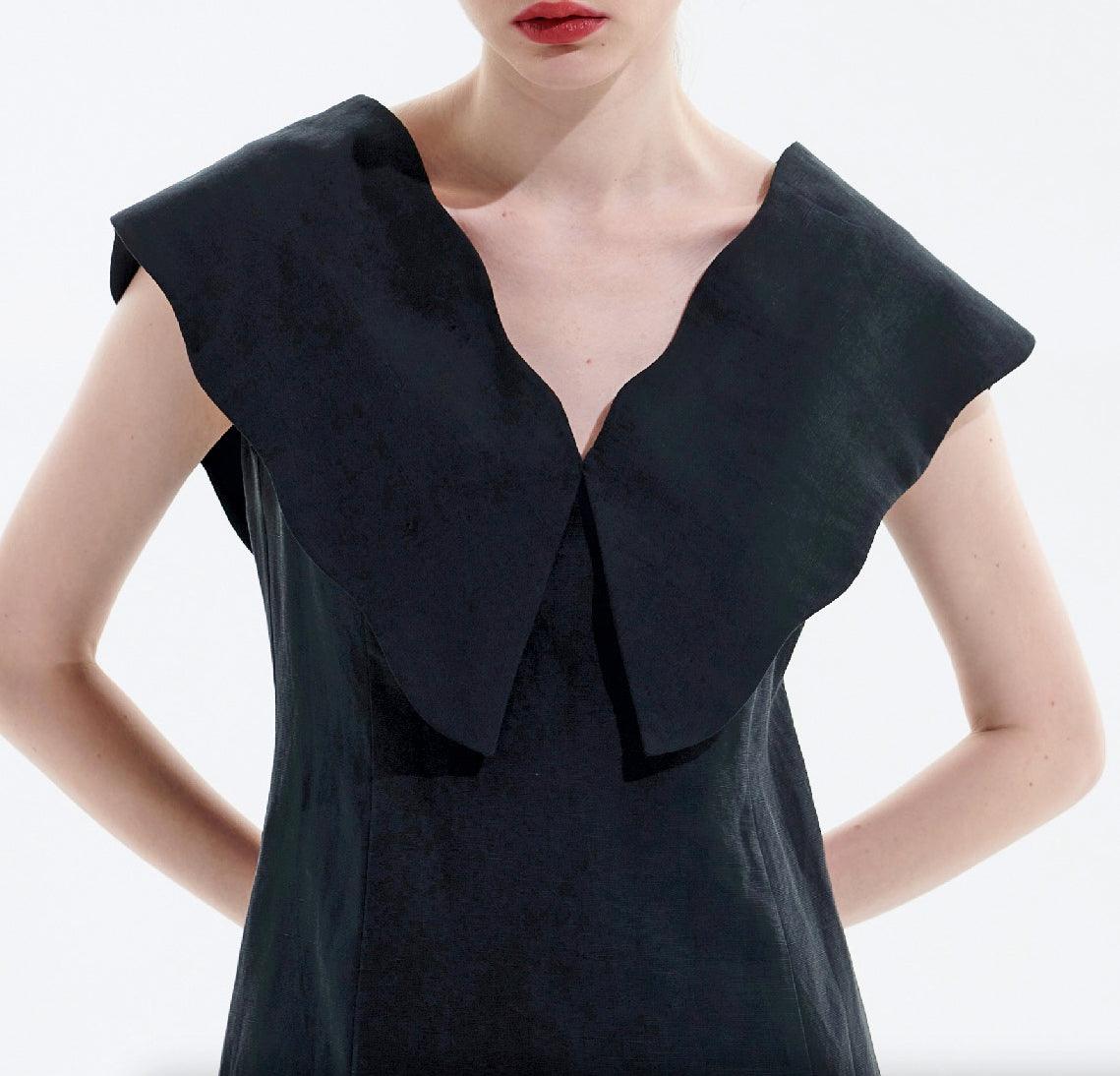 Black Tencel Linen Big Collar Dress - BTK COLLECTIONS