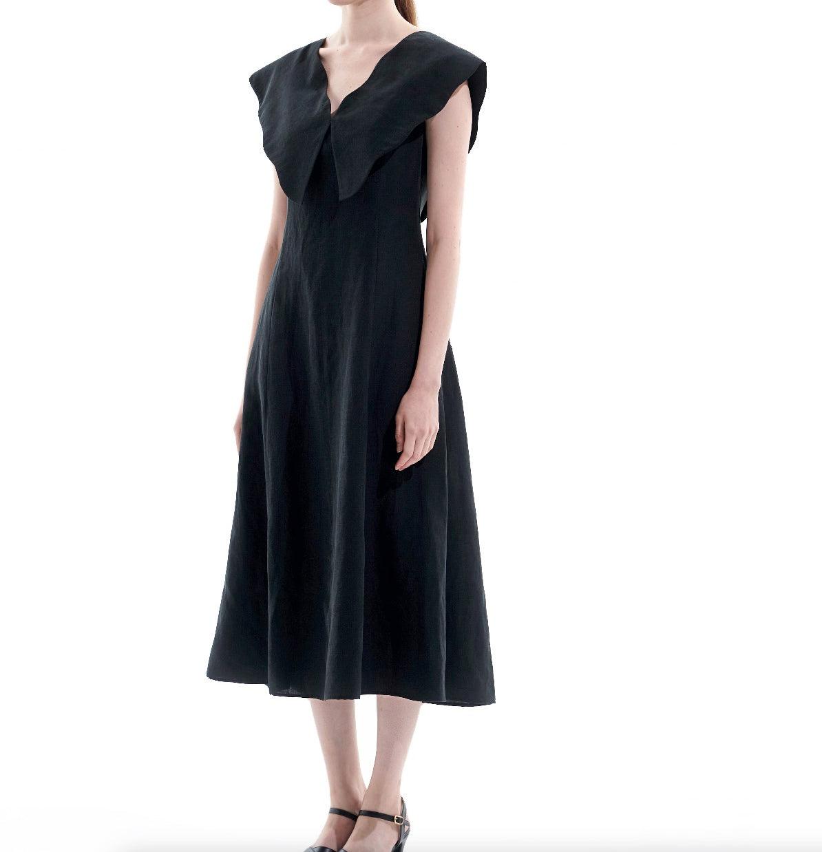 Black Tencel Linen Big Collar Dress - BTK COLLECTIONS