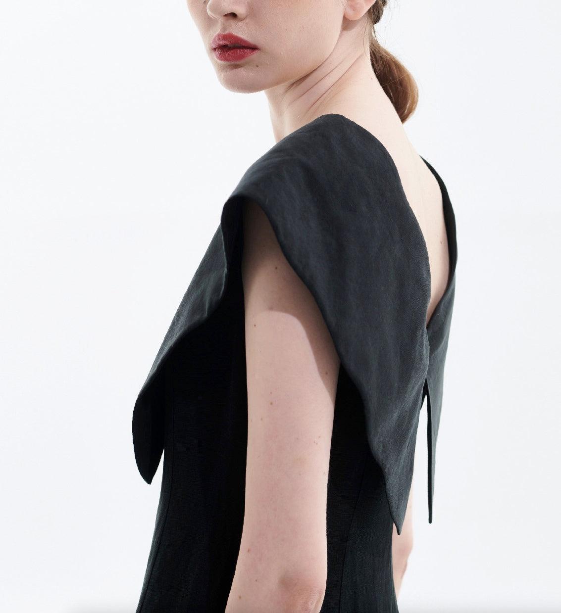 Black Tencel Linen Big Collar Dress - BTK COLLECTIONS