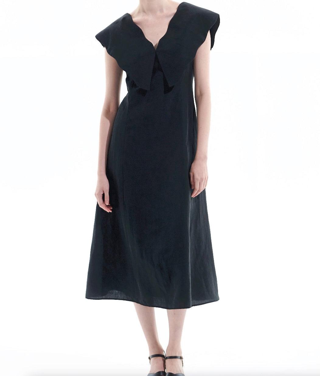 Black Tencel Linen Big Collar Dress - BTK COLLECTION
