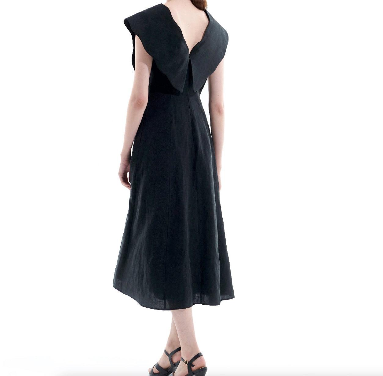 Black Tencel Linen Big Collar Dress - BTK COLLECTION